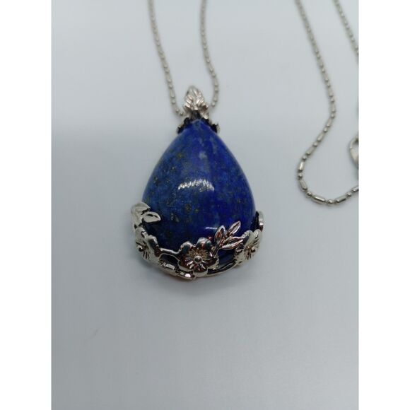 Large Teardrop Lapis Lazuli Floral Cage Pendant Silver Tone 18" Chain Necklace - Picture 4 of 7